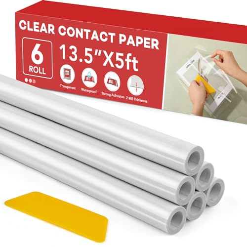 6 Rolls Clear Contact Paper Plastic Book Covers 13.5 in x 5 ft Contact Paper peel and stick Clear Self Adhesive Protective Liner Papers Protector for Crafts Paperback Textbook Hard Covers Documents