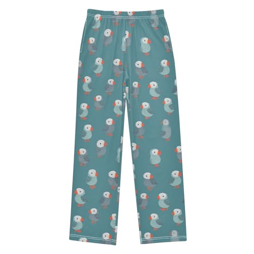 Cute Puffins Pattern Teal Pajama Lounge Pants with Pockets Sleepwear Soft Elastic Waist PJ Bottoms 6-14 Years