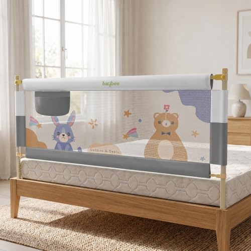 Image of BAYBEE Baby Bed Rail Guard (150x80cm) | Bed Railing for Baby Safety with 28 Height Adjustable Bedside Protector for Babies Falling | Foldable Bed Safety Guard for Kids (1 Side, Grey /White)
