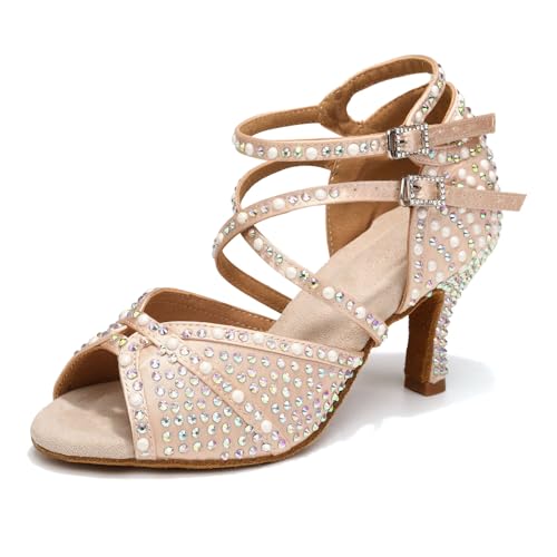 Women's Rhinestone Ballroom Dance Shoes Open Toe Latin Salsa Bachata Performance Dancing Shoes