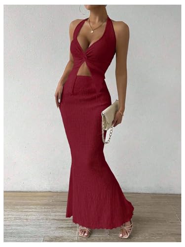 Image of SOLY HUX Women's Two Piece Outfits Twist Front Halter Cami Tops and Skirt Summer Set