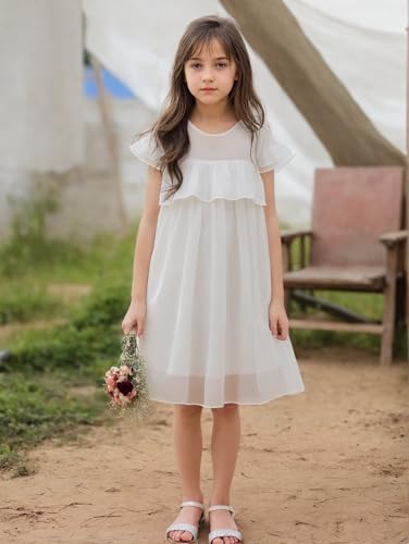 New 4-12Years Girls White Dress Boho Flutter Sleeve Flowy A-Line Tulle Party Dress2
