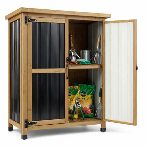 Small Outdoor Storage Cabinet Wood & Metal, Small Garden Tool Storage Cabinet with Asphalt Roof, Double Lockable Doors & Removable Shelves for Porch,
