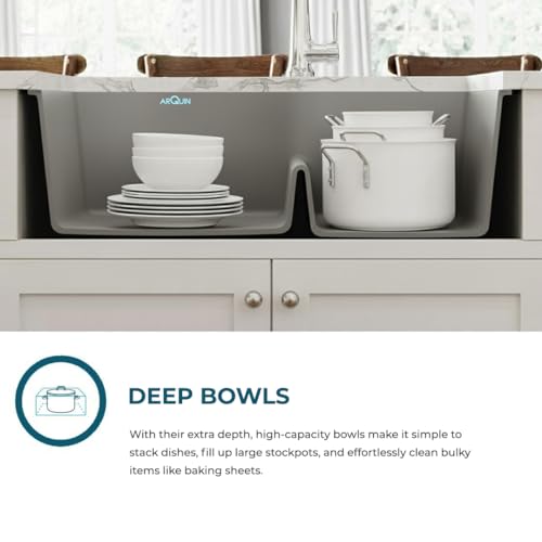 Image of ARQUIN Double Bowl Quartz Kitchen Sink 34x20x9 Inch Grey Granite, UV Protected, Undermount /Topmount Noise Reducing Quartz Sin For Kitchen Basin