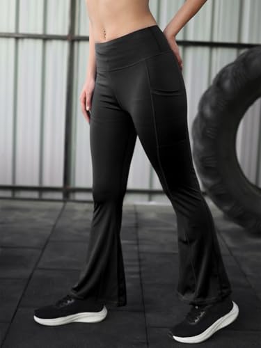 Image of CHKOKKO Gym Pants for Women Workout High Waist Flared Yoga Pants for Woman with Side Pocket Quick Dry Body Fit Stretchable Sports Leggings Trousers Activewear Lower