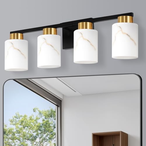 Image of 4-Light Bathroom Light Fixtures, Modern Vanity Lights, Black and Gold Metal Wall Lamp with White Marble Glass for Bathroom, Mirror, Living Room, Bedroom, Cabinet, Porch, Hallway, E26 Base