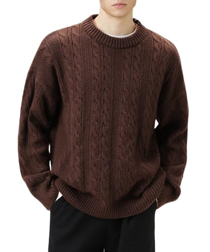 POHADON Mens Oversized Cable Knit Sweater Vintage Grandpa Aesthetic Grunge Pullover Tops Fall Winter Y2k Trendy Clothes (Brown Medium)