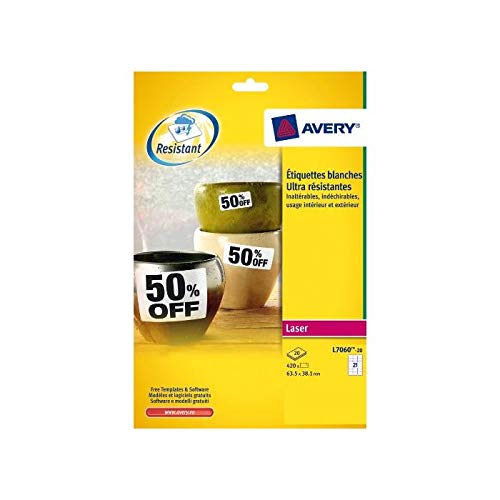 AVERY ZWECKFORM Lot de 5 Boites de 420 etiquettes laser inalterables blanches 63,5x38,1 L7060-20