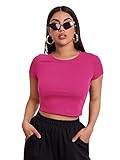 MakeMeChic Women's Cap Sleeve Round Neck Rib Knit Top T Shirt Slim Crop Tee Hot Pink L