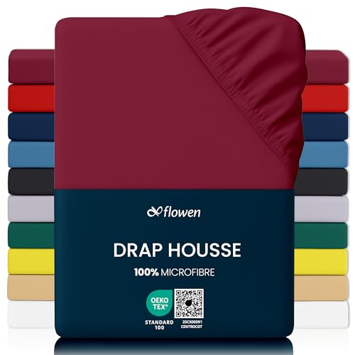 Flowen Drap Housse 140x190 cm en Microfibre Bordeaux avec Coins Élastiqués pour Matelas de 30 cm Haut Tissu Anti-Acarien Hypoallergénique De Haute Qualité...