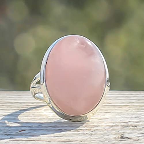 ASFKIPMF 925 Sterling Silver Retro Simple Pink Gem Ring Moonstone Opal Ring Oval Cut Fire Pink Vintage Bridal Wedding Engagement Solitaire Ring Size 73
