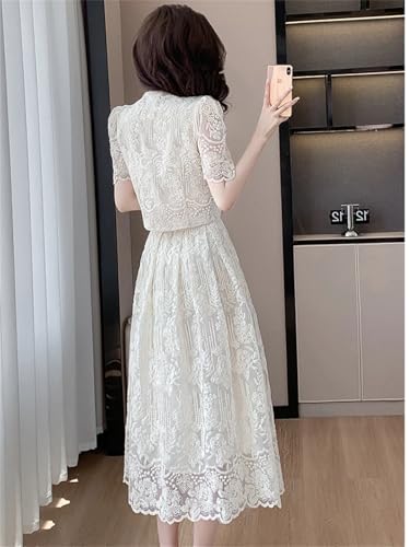 Women Embroidery Lace 2 Piece Set Beaded Flower Single Breasted Short Top A Line Midi Skirt Suits High Qu4