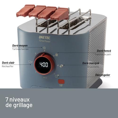 Imetec Grantoast, Grille-pains 2 tranches XL avec pinces ouvrantes pour toasts garnis, 7 niveaux de dorure, nettoyage facile, Écran à LED, Minuteur numérique, Acier inox – Image 6