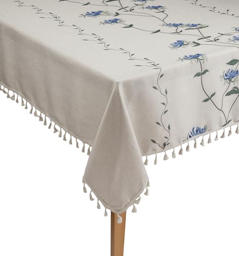Image of Cortina Tablecloth for Dining Table Waterproof Table Cover, Cotton Linen Fabric Rectangle Tablecloth (White Floral, 6 Seater)