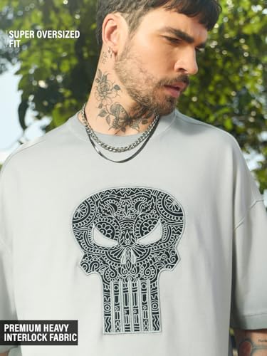 Image of The Souled Store Marvel Indie: Logo Men and Boys Short Sleeves Round Neck Embroidered Drop Shoulder Baggy Casual Streetwear Superheroes Inspired Cotton Super Oversized T-Shirt