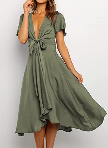 Image of miduo Womens Satin V Neck Ruffle Short Sleeve Tie Front High Waist Midi A-Line Maxi Dresses