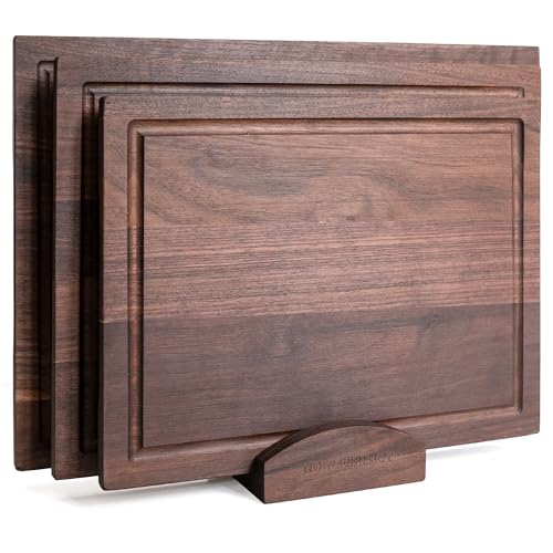 3-Piece Walnut Wood Cutting Board Set with Stand – Wooden Choppin...