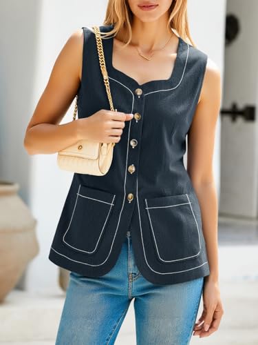 Tankaneo Womens Square Neck Denim Vest Button Down Sleeveless Jean Waistcoat Summer Casual Jean Tops with Pockets2
