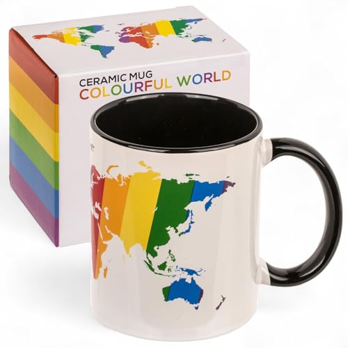 MIJOMA Kaffeebecher Colorful World – Steingutbecher mit Regenbogen-Weltkarte, 325 ml, LGBTQ+ Pride Design, spülmaschinenfest, farbenfroh, für Reiseliebhaber & Globetrotter