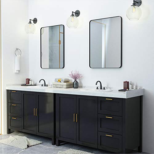Doheem Wall Mirror For Bathroom - Rounded Corner Mirror Black Metal Frame 22" X 30" Hangs Horizontal Or Vertical #TOP3