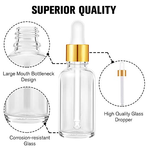 PrettyCare Glass Eye Dropper Bottles 24 Pack, 1oz (30ml) Clear Empty Thick Bottles Bulk with Leakproof Golden Caps - With Labels & Funnels for Storage, Travel, Essential Oils, Cuticle Oils, Tinctures3