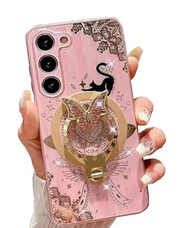 AMAZFCCY for Galaxy A17 Case,Cute Ring Holder Megnetic 3D Rhinestones Bling Sparkle Butterfly Cat Kitten Lace Pattern [Compatible with Magsafe] Girl Women for Samsung Galaxy A17 (Pink)