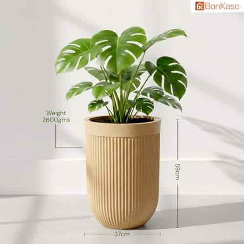Image of Bonkaso 24 Inch Burj Khalifa Ribbed Planter for Indoor & Outdoor Use | Round Heavy Duty Polymer Flower Pot | Lightweight Weather Resistant Modern Gamla for Living Room Balcony & Terrace (Beige)