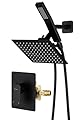 All Metal Shower Faucet Set, Dual Square Shower Head System with Handheld Wand, Diverter, Hose Complete Combo, Pressure Balance Rough-in Valve Included (Matte Black)