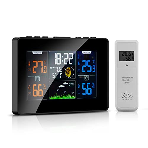 Weather Station Wireless Indoor Outdoor Thermometer with Remote Sensor, Aiment Weather Thermometer with Humidity Temperature Barometer Monitor, Colorful Display Calendar, Alarm, Forecast Station