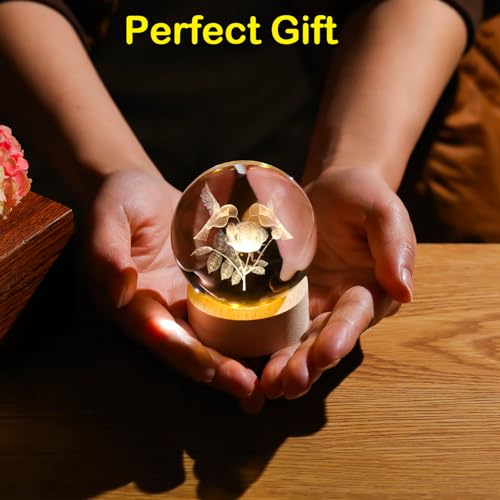 Image of Arikyrist 3D Crystal Hummingbird Figurines Decorative Balls Night Light, Crystal Humming Birds Figurines Gifts for Bird Lovers, 3D Laser Engraved Glass Sphere Decor for Home Office.