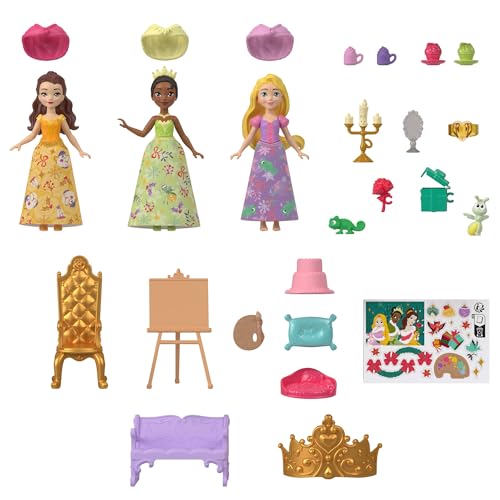 Disney Princess Calendrier de l’Avent avec 24 cases contenant des surprises, notamment 3 petites poupées, 3 animaux, 6 tenues et 16 accessoires inspirés des films, JFG79