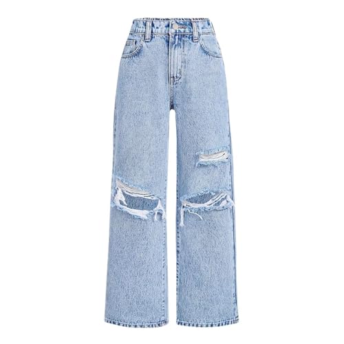 Girls Wide Leg Jeans Trendy High Waisted Ripped Distressed Baggy Denim Pants Summer Trousers Y2K Streetwear 6-14Years