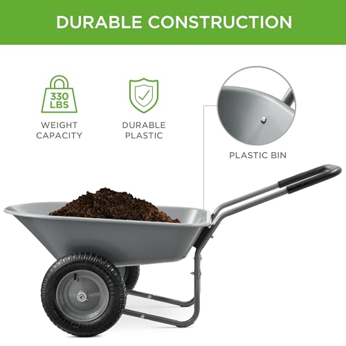 Image of Best Choice Products Dual-Wheel Home Utility Yard Wheelbarrow Garden Cart w /Built-in Stand for Lawn, Gardening, Construction - Gray