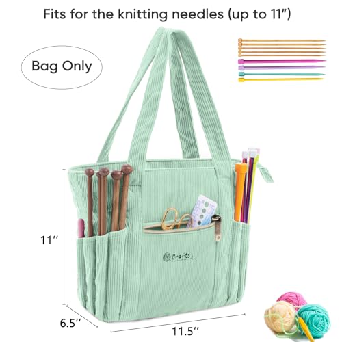 Image of MYBAGZING Corduroy Crochet Bag 11.5 inch Large Yarn Storage Tote with Grommets, Needle Holders - Knitting Bag Organizer for Crochet Hooks, Accessories, Tools & Projects -Gift for Knitters & Crafters
