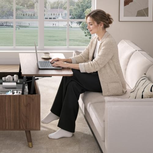 Image of JOINICE Square Lift Top Coffee Table with Storage for Living Room,Walnut | 32 inch Multi-functional Pop Up Center Table,Large Hidden Compartments with Solid Wood Legs,Lift to 23 inch,Hold 100lbs,Easy Assembly