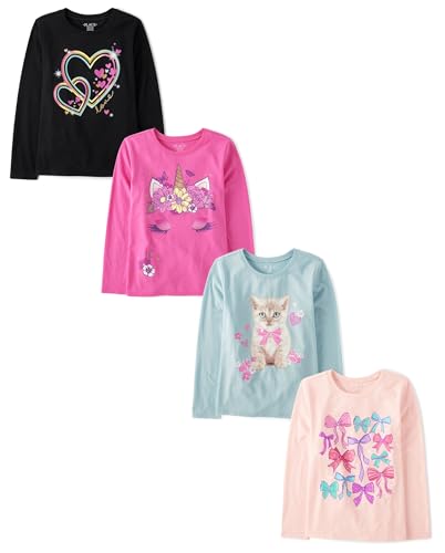 Image of The Children's Place Girls' Unicorns,Sports,Butterflies Long Sleeve Graphic T-Shirts,4 Pack