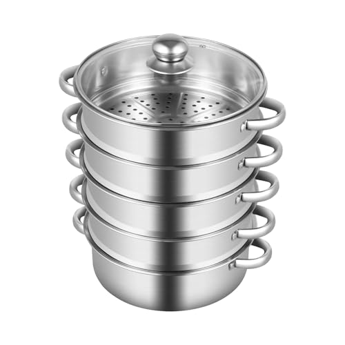 KEESUNG 5 Etagen Dampfgarer, Gardampfkochtopf Set Rostfreier Stahl Gardampftopf Edelstahl Glasdeckel Dampfgarer Multifunktional Dampfkocher Silbrig Dampfgarer Geeignet für alle Herdarten/26CM
