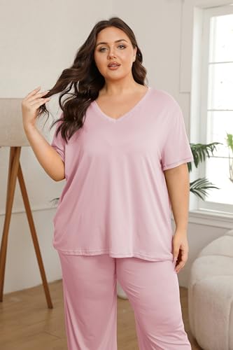 Image of Vozanet Women's Plus Size Pajama Sets Short Sleeve Long Pants Solid Color with Piping Trim Elegant Loungewear Cozy Sleepwear