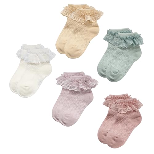 Image of Durio 5 Pairs Baby Girl Socks - Cute Frilly Ruffle Socks for Girls 0-5T, Breathable Lace Ankle Sock for Newborn to Toddler