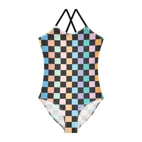 Image of Black and White Chess Girls One Piece Swimsuits Board Marble Tile Sport Halter Swimwear Beach Bathing Suit 3T