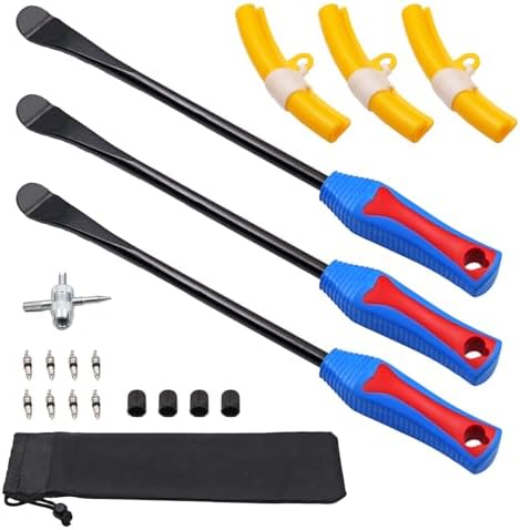 Tire Spoon Kit With Rim Protectors & Valve Tools - 14.5 Inch Tire Irons, Valve Cores, 3-Piece Set, RuggedXL Brand