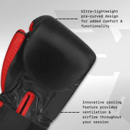 Elite Sports Muay Thai Gloves For Men & Women - Kickboxing Punching Sparing & Muay Thai Specific Training - Pre-Curved Breathable Cooling & Lightweight - Double Layer Wrist Straps -14 Oz - Red #TOP3
