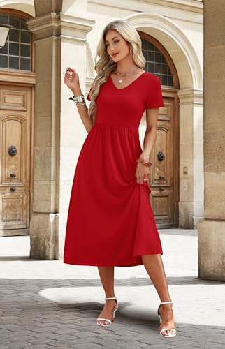 Image of OFEEFAN Summer Dresses for Women Flowy Casual A-Line Midi Dress Beach Vacation Sundresses with Pockets S-2XL