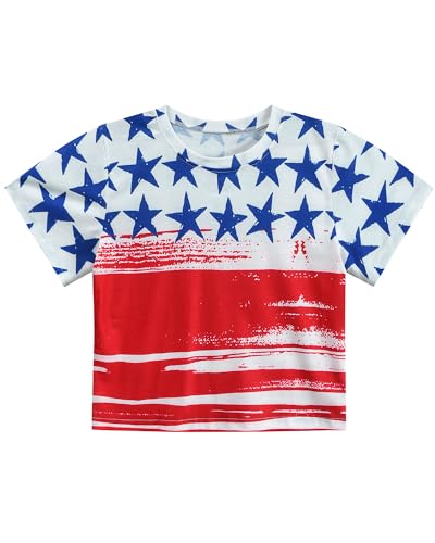 Image of DDSOL Girls July 4th Crop Tops Patriotic Shirt American Flag Short Sleeve Tshirts for Girl 6-14 Years
