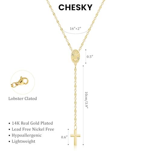Image of CHESKY Long Necklaces for Women, 14k Gold Plated /Streling Silver Lariat Necklace Dainty Statement Prom Necklace Rosary Cross Sun Drop Pendant Dangle Necklace Gold Prom Jewelry for Women Gifts