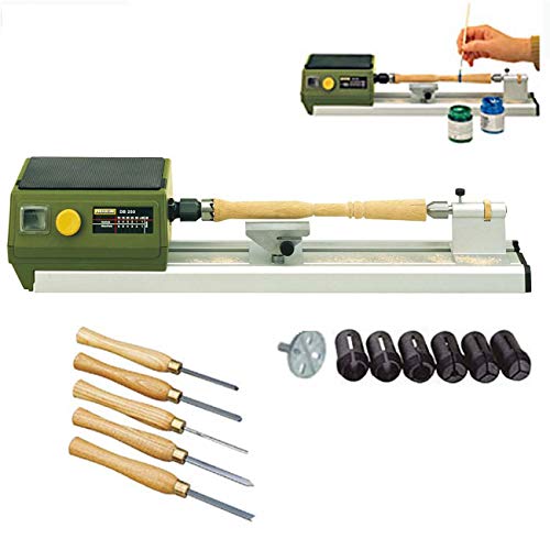 PROXXON MICRO Drechselbank/Drechselmaschine DB 250 – inklusive 5-tlg. HSS-Drechselmeißelsatz, 6 Spannzangen und Planscheibe für größere Werkstücke
