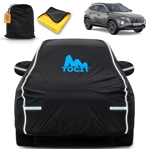Image of Hyundaii Tucson Waterproof Long Life Car Cover with Safety Glow Reflective Strap, Premium Velvet Velour Fabric, Soft & Stretchable, Machine Washable, Tri-Stitch Custom Fit with Mirror Pocket