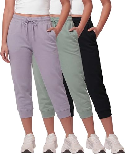 Image of Real Essentials 3 Pack: Women's Fleece Capri Joggers Athletic Lounge Gym Running Sweatpants with Pockets (Available in Plus)