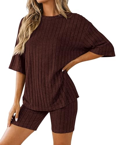 Image of KIRUNDO Short Sets For Women Summer 2 Piece Matching Lounge Sets Casual Rib Knit Tshirts Biker Shorts Beach Vacation Outfits