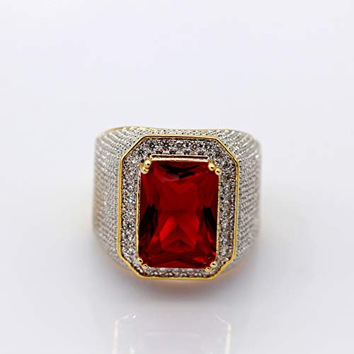 Uloveido RA408-9-RED Men Yellow Gold Plated Emerald Cut Simulated Red Ruby Ring Wedding Engagement Bands Promise Ring thumb #4